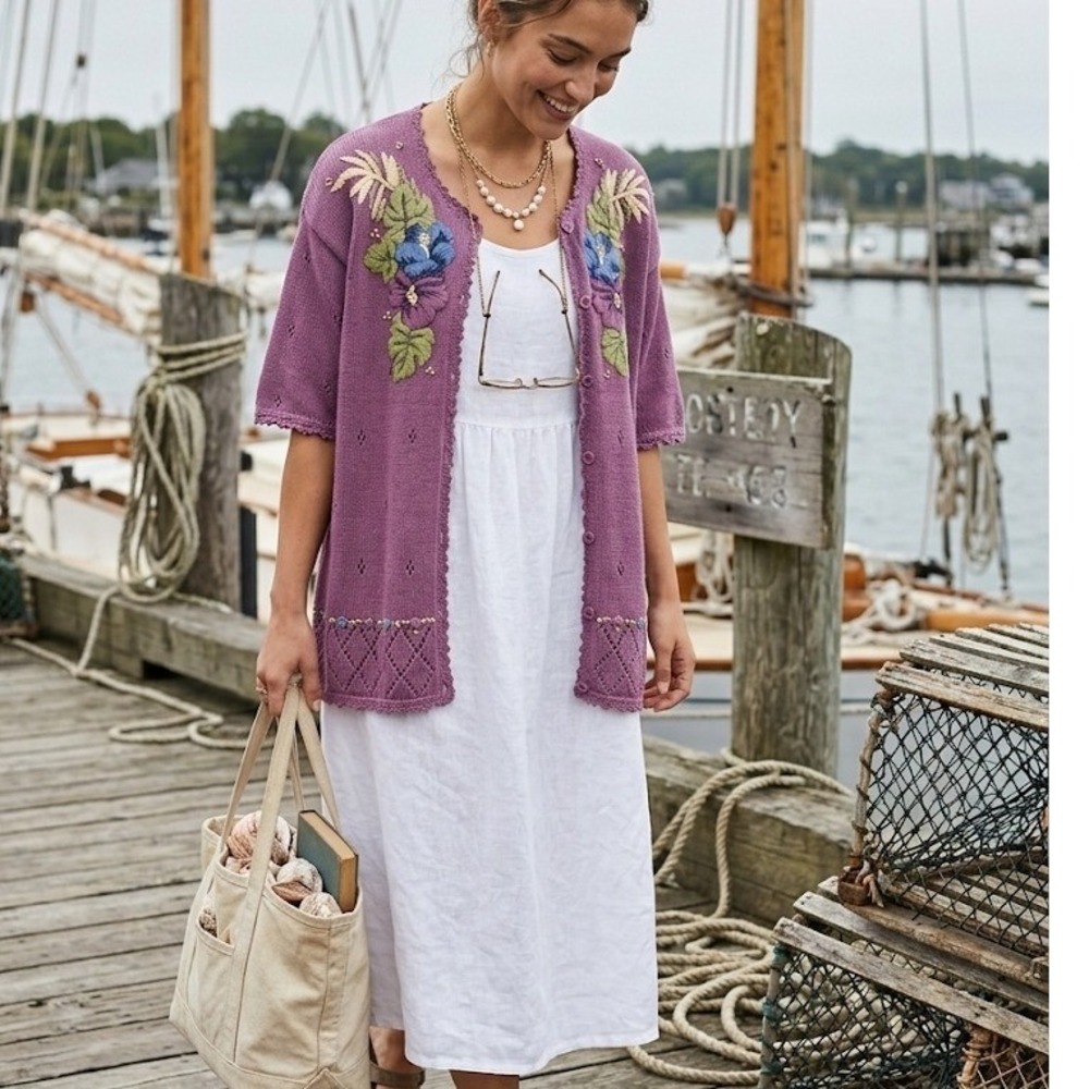XL That's Me! Vintage Floral Embroidered Cardigan Short Sleeve Ramie Cotton
